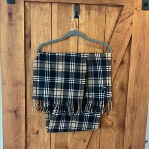 Saks Fifth Avenue Black and Tan Plaid Scarf with Fringe